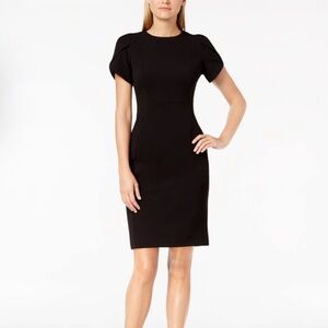 Calvin Klein Classic Black Midi Sheath Dress with Tulip Sleeves